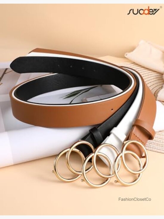 Faux Leather Double O-Ring Buckle Fashion Belt for Jeans Dresses main image 7